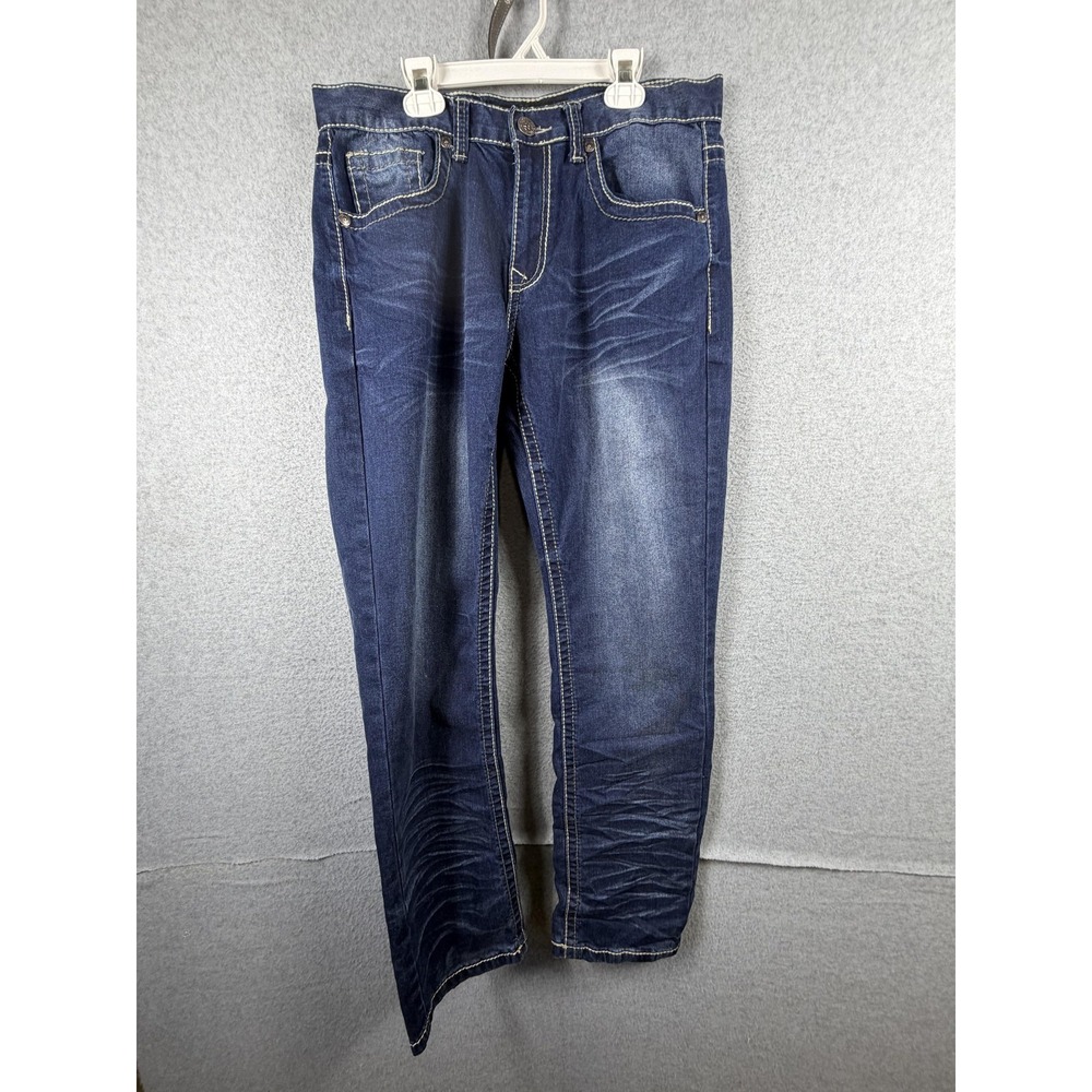 True Luck Jeans Mens 32x32 Blue Denim Straight Leg Stretch Embroidered Pants